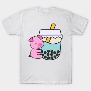 Kawaii Cute Happy Baby Pig Hugs Sweet Bubble Tea Blue Boba Tea T-Shirt